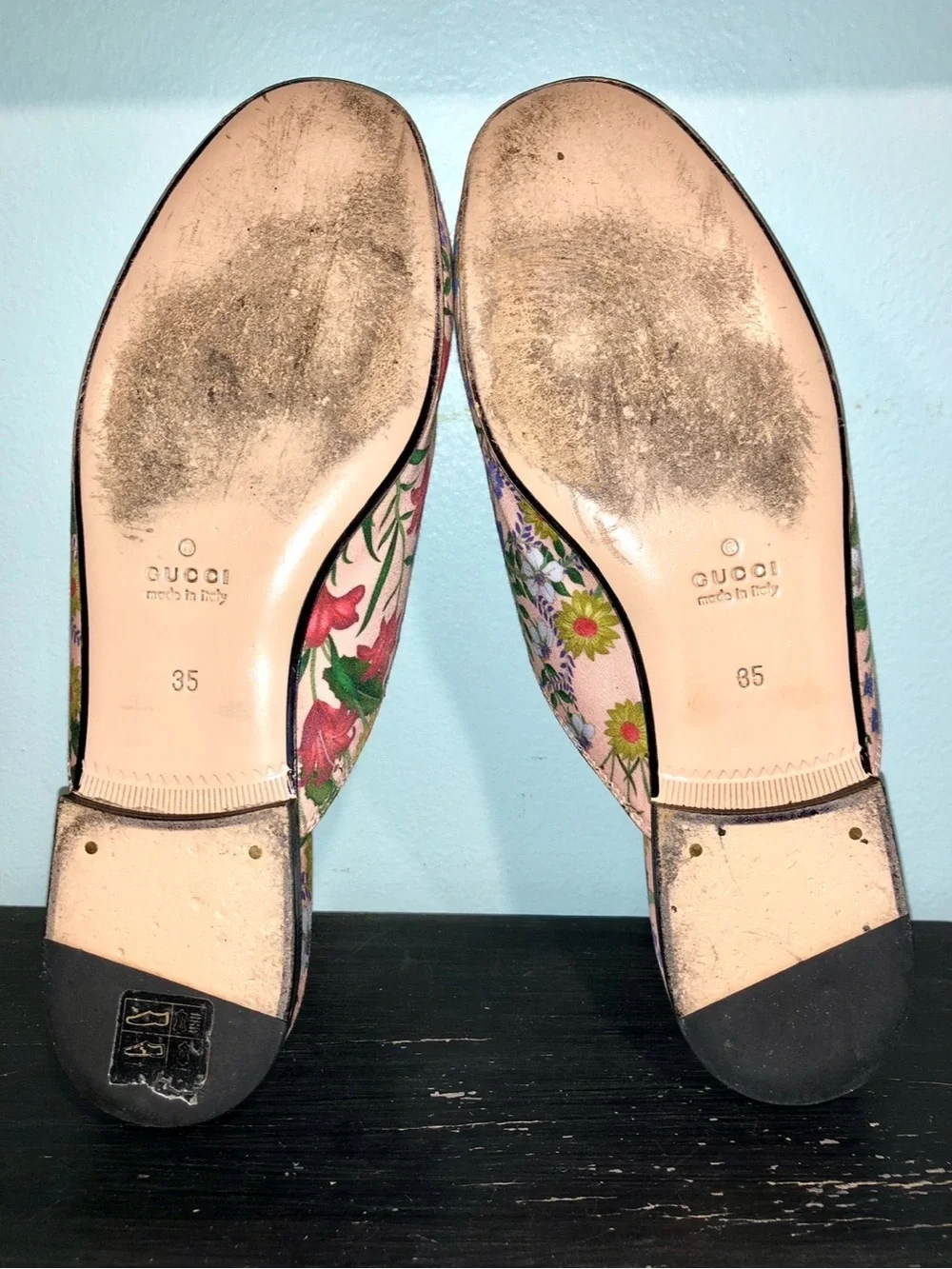 Gucci Pink Floral Leather Horsebit Mules Loafers Flats size US 5 EU 35